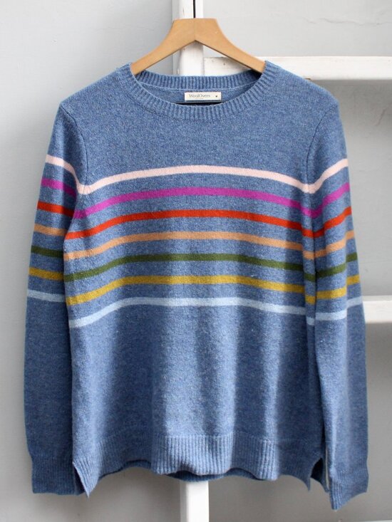 WoolOvers Sweaters - WoolOvers Multi Colour Stripe Jumper Denim Blue Wool Crewneck Sweater sz Medium